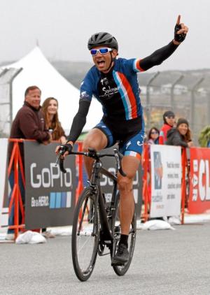 Stefano Profumo crosses the finish line to win the Sea Otter Classic circuit race in the men's elite Category 3 division in April. (Louie Traub — Contributed)